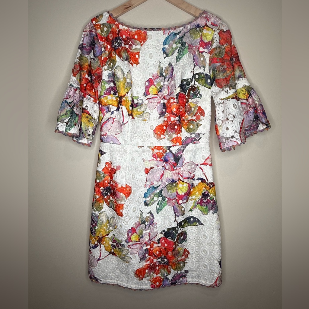 Trina Turk New Flora Vibrant Multi Lace Floral Mini Dress Bell Sleeve- Size 6